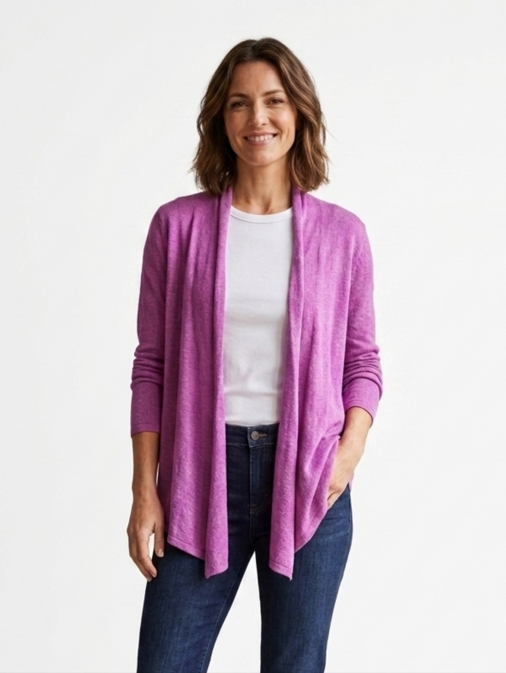 Eileen Fisher Open-Front Linen Purple Orchid Cardigan Sweater Size Small
